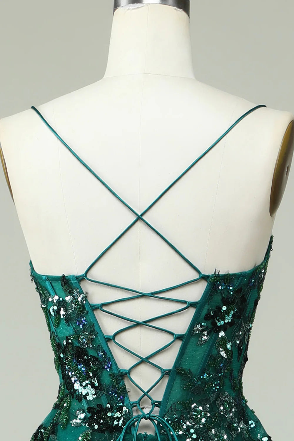 Amzcw A Line Spaghetti Straps Dark Green Corset Prom Dress with Appliques