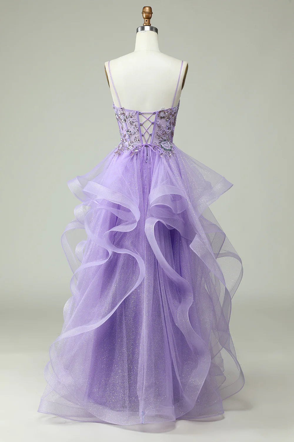 Amzcw A Line Spaghetti Straps Purple Long Prom Dress with Appliques