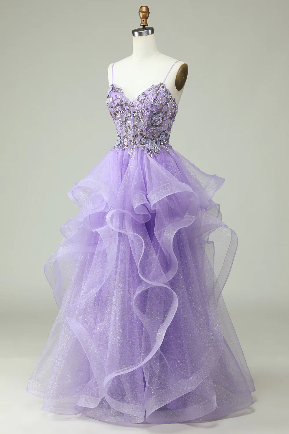 Amzcw A Line Spaghetti Straps Purple Long Prom Dress with Appliques