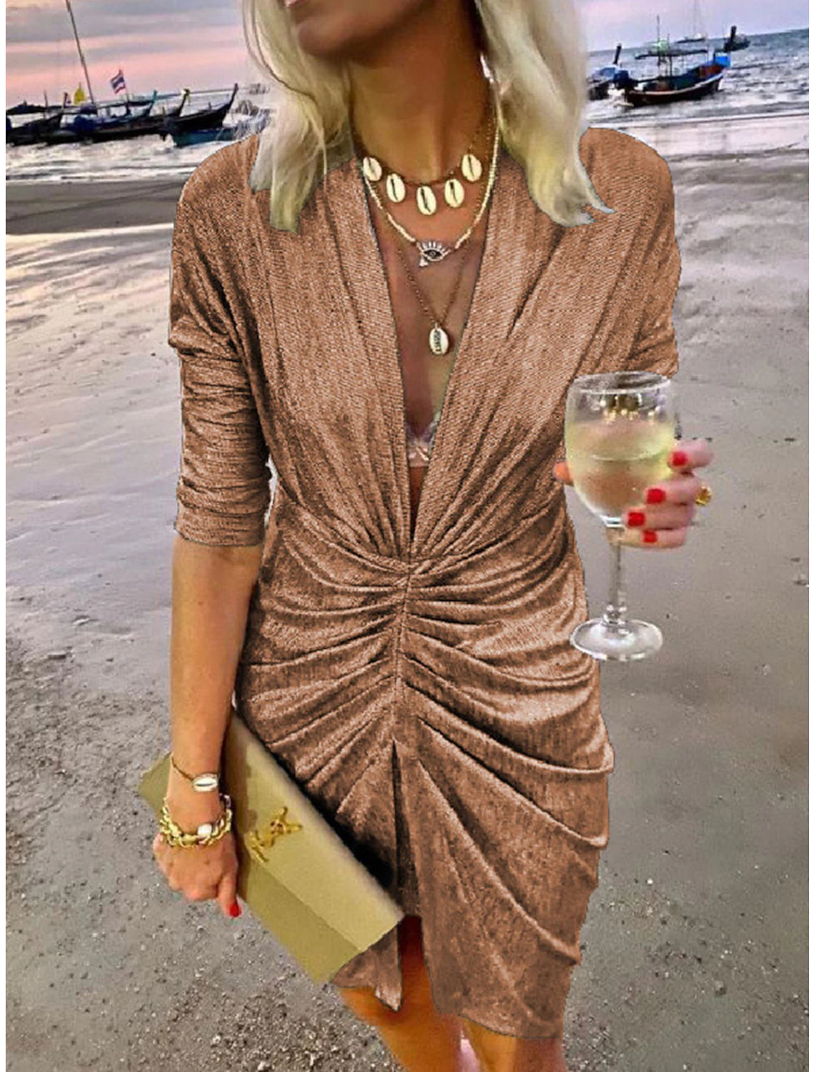 Women's Party Dress Homecoming Dress Wedding Guest Dress Mini Dress Wine Gold Green Half Sleeve Pure Color Ruched Spring Fall Winter V Neck Fashion Winter Dress Wedding Guest Evening Party