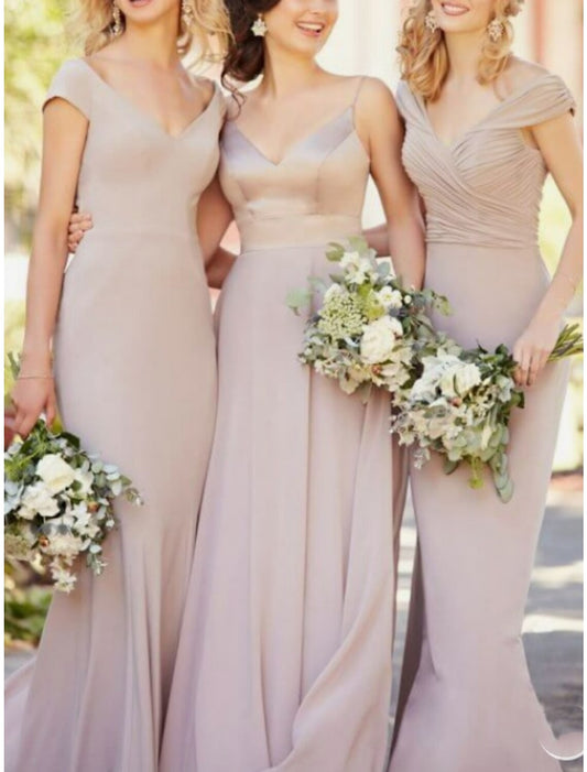 A-Line Bridesmaid Dress V Neck Sleeveless Elegant Floor Length Stretch Chiffon with Ruching