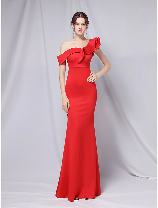 Mermaid Party Dress Evening Gown Empire Dress Wedding Guest Formal Evening Floor Length Short Sleeve One Shoulder Stretch Satin with Ruffles