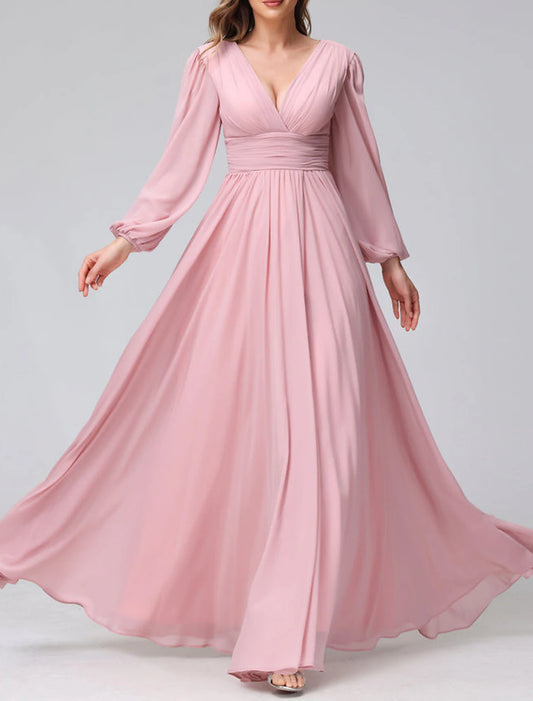 A-Line Bridesmaid Dress V Neck Long Sleeve Pink Floor Length Chiffon with Split Front / Ruching