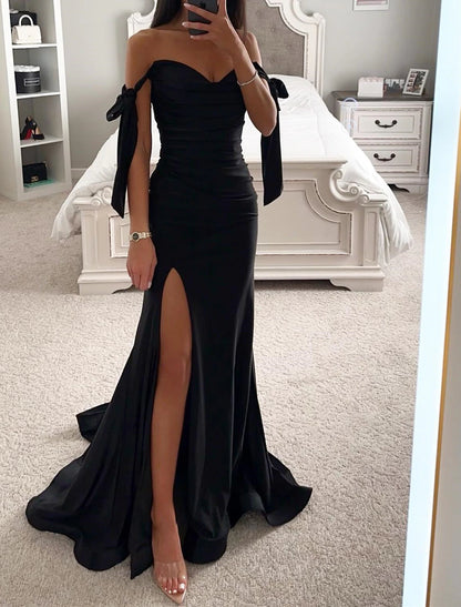 Mermaid / Trumpet Prom Dresses Corsets Dress Formal Evening Party Court Train Sleeveless Off Shoulder Satin with Bow(s) Ruched Slit