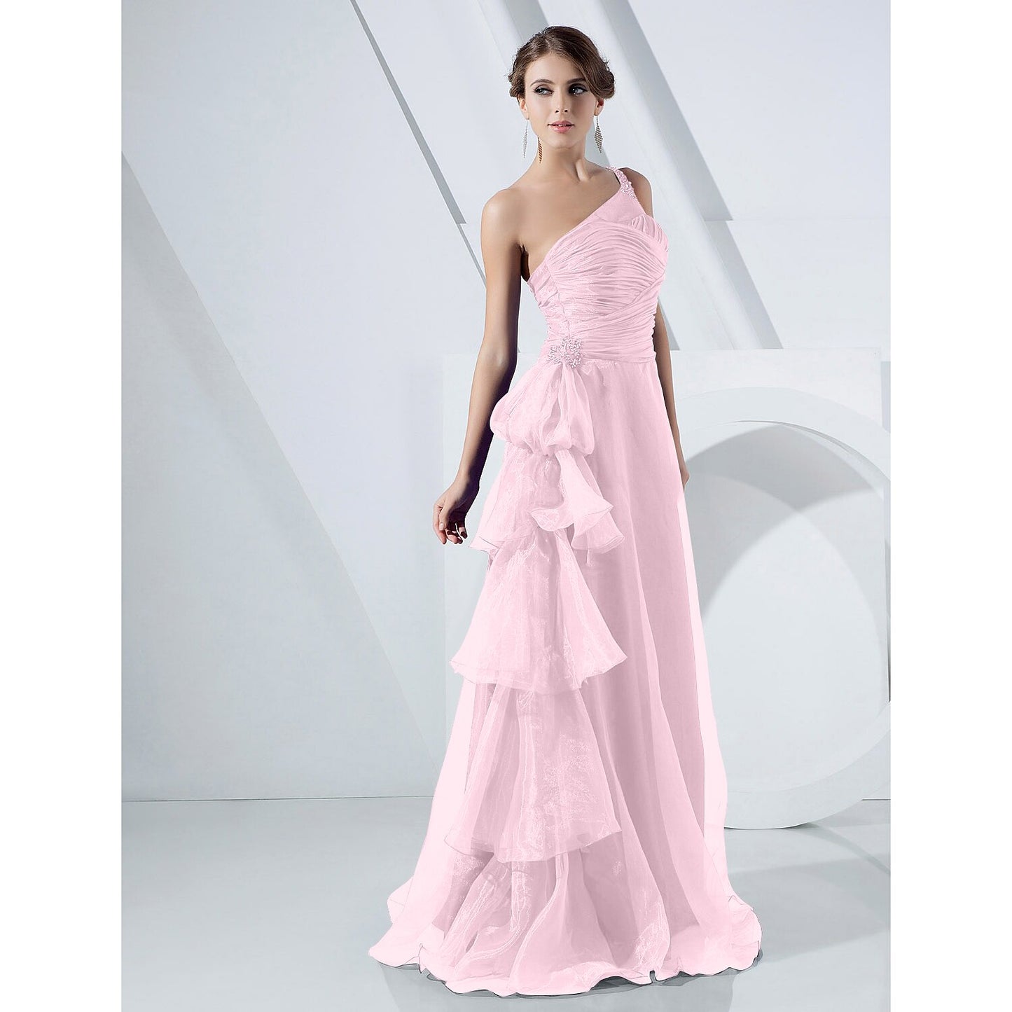 A-Line Elegant Dress Formal Evening Floor Length Sleeveless One Shoulder Organza with Side Draping Cascading Ruffles
