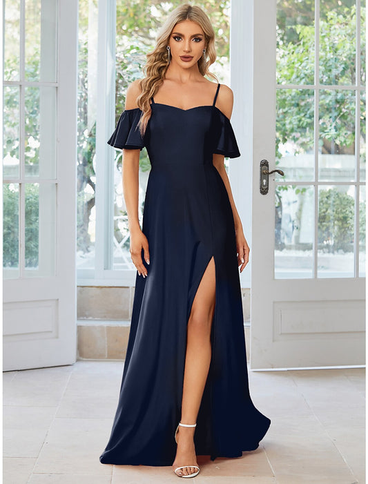 A-Line Wedding Guest Dresses High Split Dress Formal Black Tie Floor Length Short Sleeve Off Shoulder Stretch Fabric with Slit Pure Color