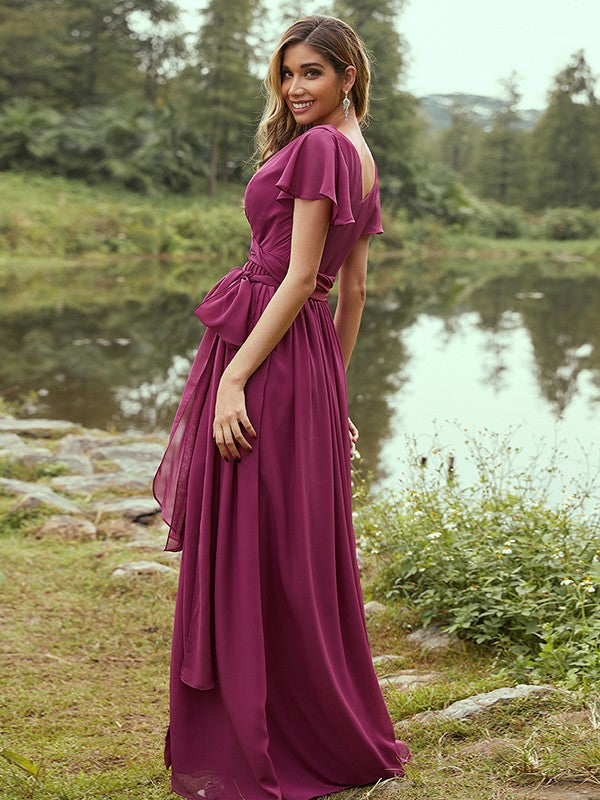 A-Line/Princess Chiffon Ruffles V-neck Short Sleeves Floor-Length Bridesmaid Dresses