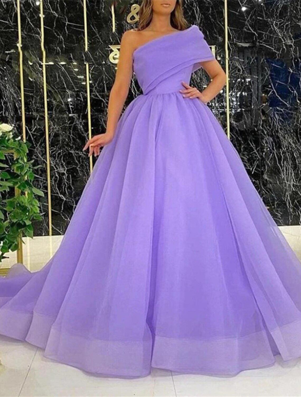 Ball Gown Evening Gown Celebrity Style Dress Wedding Guest Birthday Court Train Sleeveless One Shoulder Wednesday Addams Family Organza with Slit Pure Color