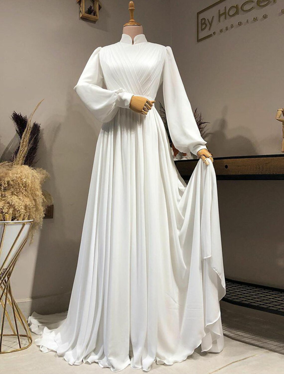 Hall Vintage 1940s / 1950s Casual Fall Wedding Dresses A-Line High Neck Long Sleeve Court Train Chiffon Bridal Gowns With Pleats Solid Color