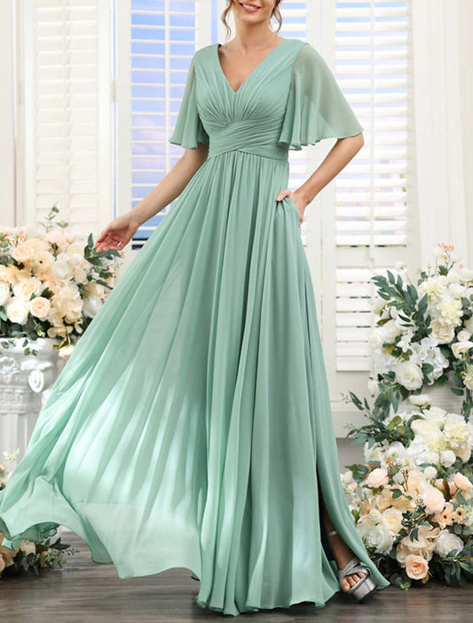 A-Line Bridesmaid Dress V Neck Short Sleeve Elegant Floor Length Chiffon with Split Front / Ruching