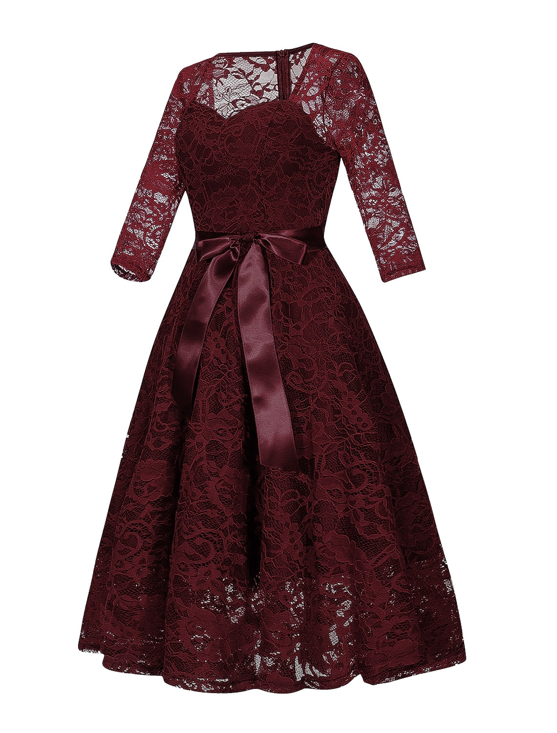 A-Line Cocktail Dresses Vintage Dress Party Wear Knee Length 3/4 Length Sleeve Square Neck Lace with Sleek Sash / Ribbon Pure Color