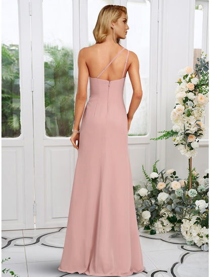 A-Line Bridesmaid Dress One Shoulder Sleeveless Elegant Floor Length Chiffon with Split Front / Ruching