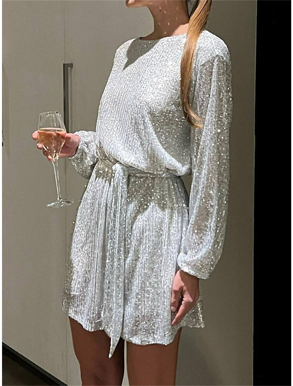 Women‘s Sequin Dress Party Dress Sparkly Dress Black Dress Homecoming Cocktail Dress Mini Dress Silver White Long Sleeve Sparkly Glitter Lace up Winter Dress