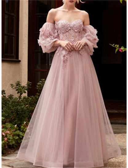 A-Line Prom Dresses Corsets Dress Formal Evening Party Court Train Long Sleeve Strapless Tulle with Appliques