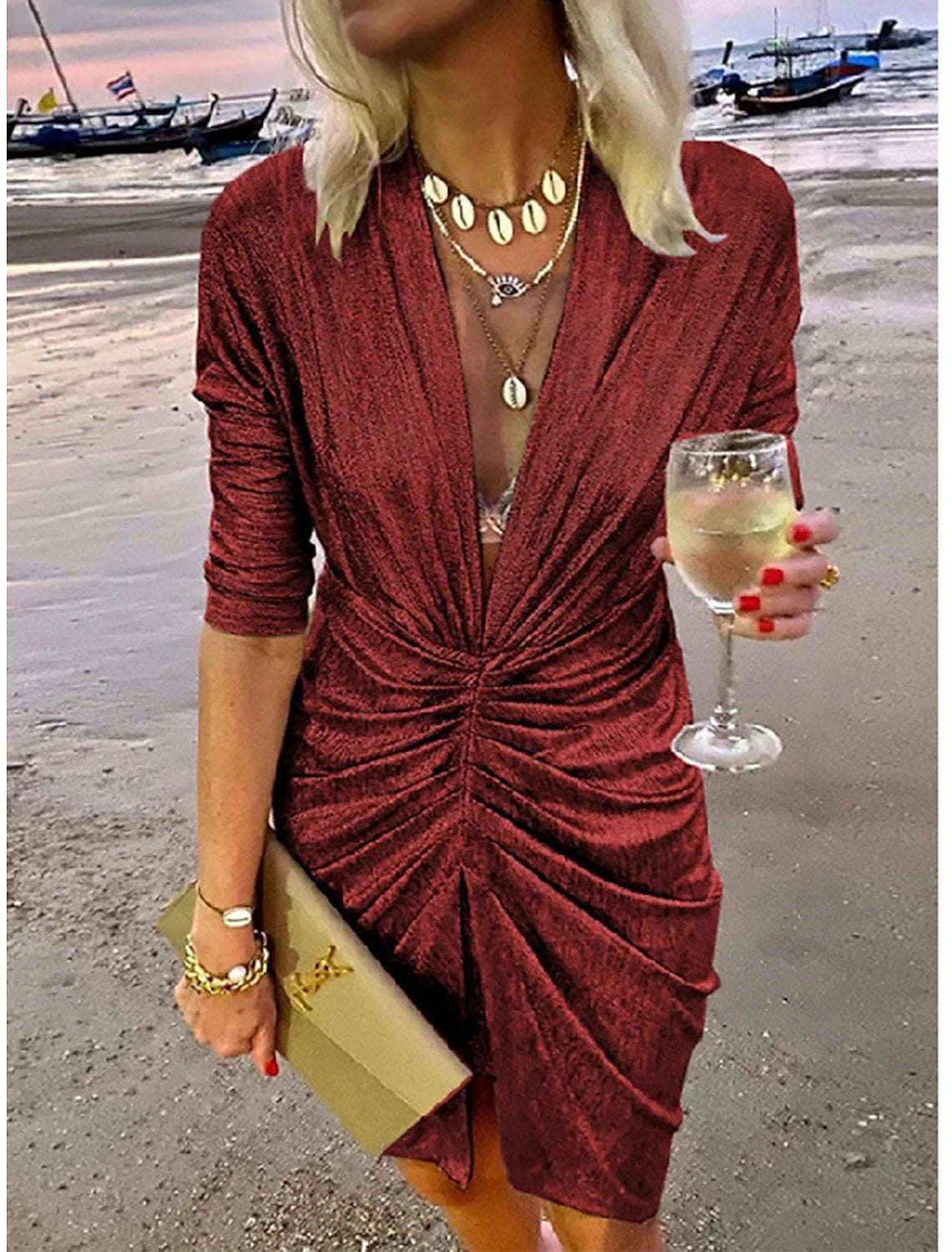 Women's Party Dress Homecoming Dress Wedding Guest Dress Mini Dress Wine Gold Green Half Sleeve Pure Color Ruched Spring Fall Winter V Neck Fashion Winter Dress Wedding Guest Evening Party