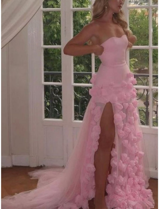A-Line Prom Dresses Elegant Dress Formal Court Train Sleeveless Strapless Tulle with Slit Appliques