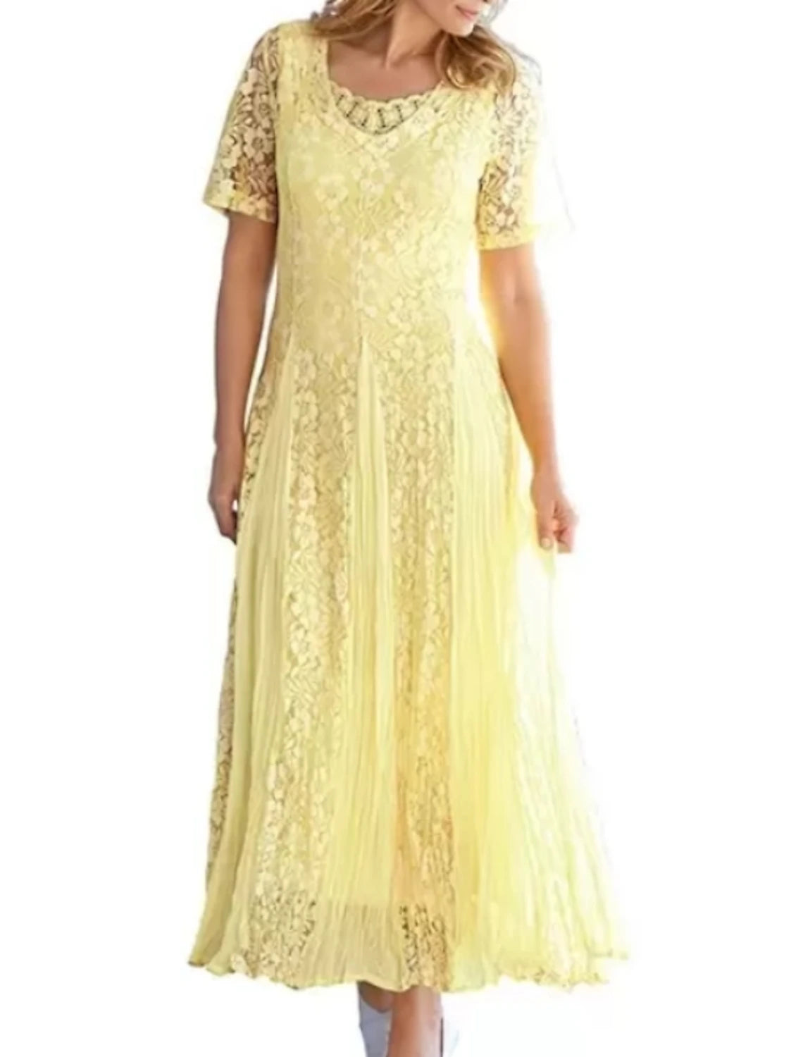 Sheath / Column Mother of the Bride Dress Wedding Guest Elegant Vintage Party Scoop Neck Ankle Length Lace Short Sleeve with Pleats Solid Color