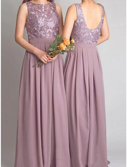 A-Line Bridesmaid Dress Scoop Neck Sleeveless Elegant Floor Length Chiffon with Lace / Ruching