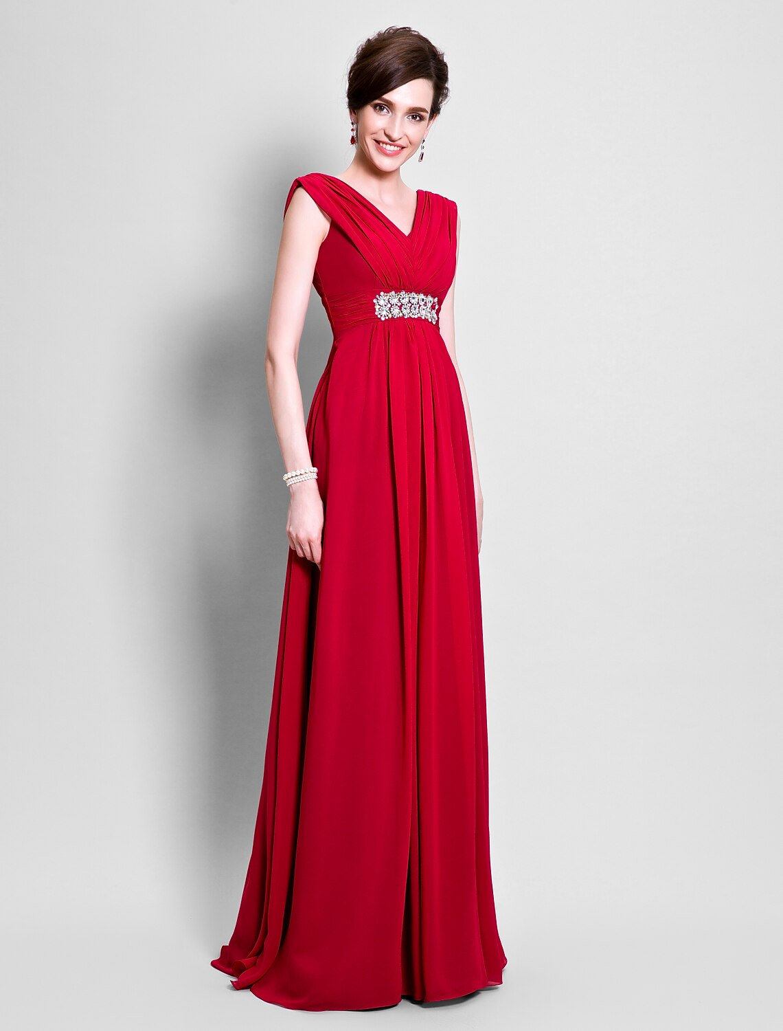 A-Line Mother of the Bride Dress V Neck Floor Length Chiffon Sleeveless with Beading Side Draping