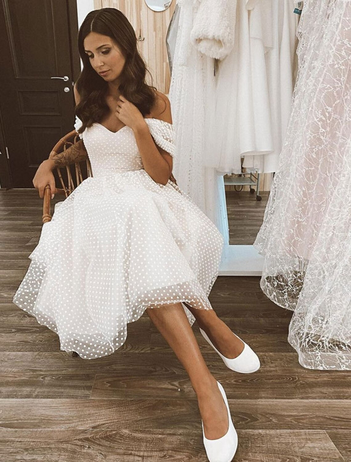 Reception Little White Dresses Wedding Dresses A-Line Off Shoulder Cap