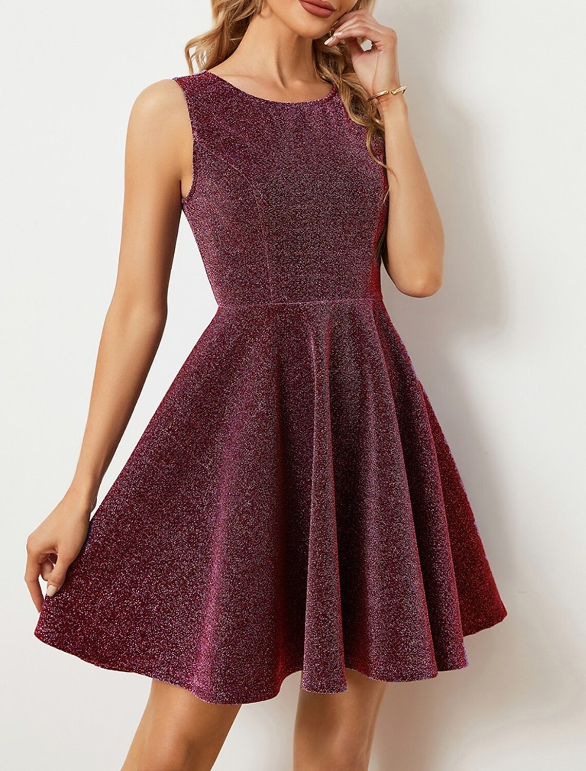 A-Line Homecoming Dresses Glittering Dress Party Wear Prom Tea Length Sleeveless Jewel Neck Satin with Glitter