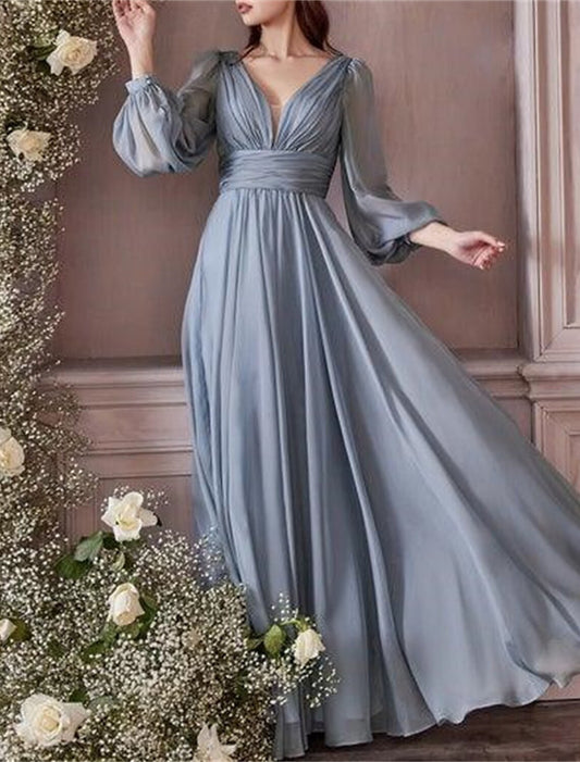 A-Line Bridesmaid Dress V Neck Long Sleeve Blue Floor Length Chiffon with Ruching / Solid Color
