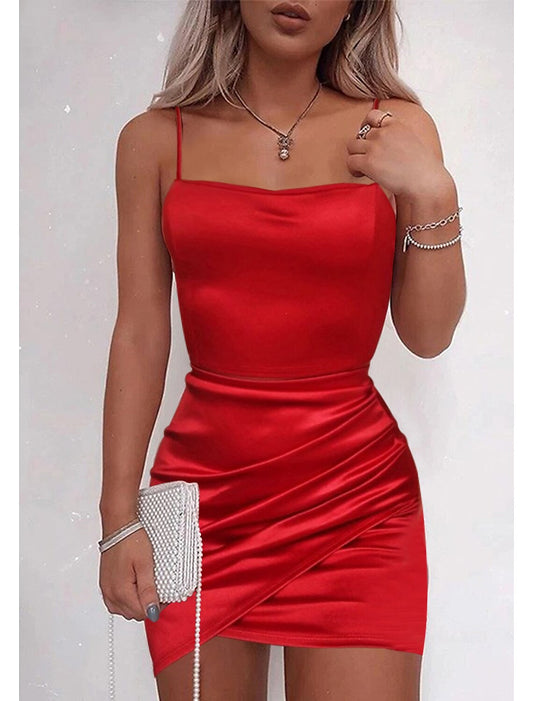 Sheath / Column Party Dresses Backless Dress Holiday Homecoming Short / Mini Sleeveless Spaghetti Strap Satin with Ruched