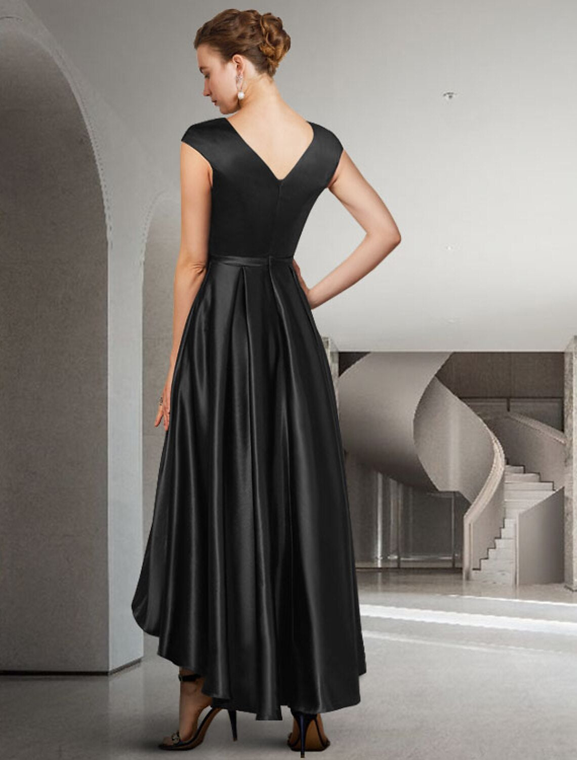 A-Line Mother of the Bride Dress Elegant High Low Jewel Neck Asymmetrical Satin Sleeveless with Bow(s) Pleats