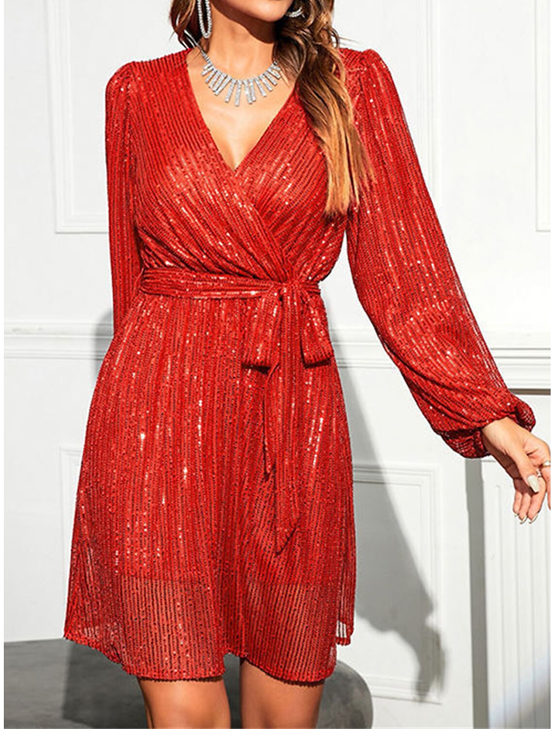 Women's Sequin Dress Christmas Party Dress Homecoming Dress Mini Dress Silver Red Blue Long Sleeve Pure Color Lace up Spring Fall Winter V Neck Fashion Winter Dress Wedding Guest