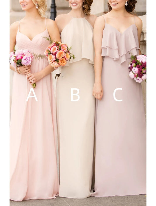 A-Line Bridesmaid Dress Halter Neck / Spaghetti Strap Sleeveless Elegant Floor Length Chiffon with Ruffles / Ruching