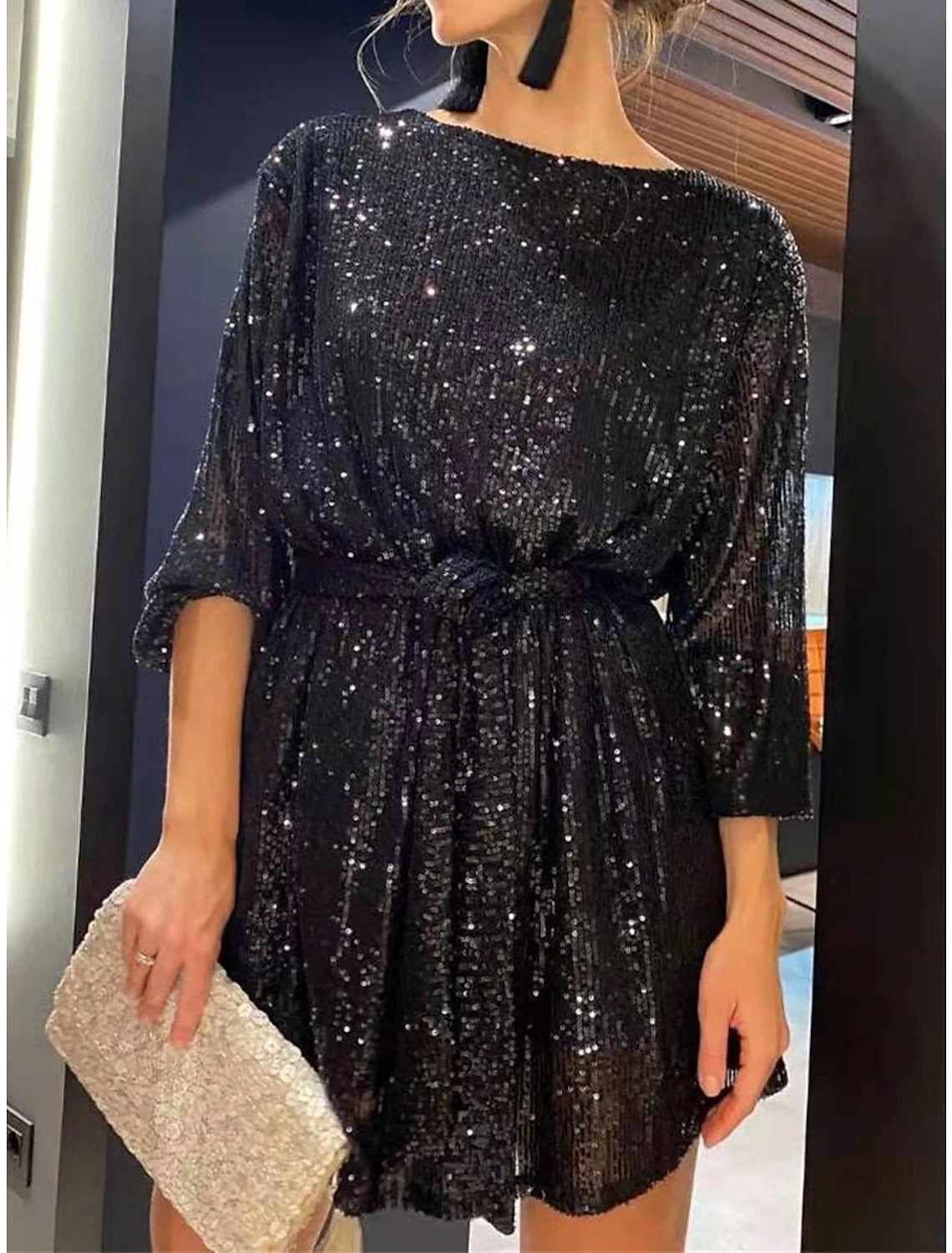 Women‘s Sequin Dress Party Dress Sparkly Dress Black Dress Homecoming Cocktail Dress Mini Dress Silver White Long Sleeve Sparkly Glitter Lace up Winter Dress