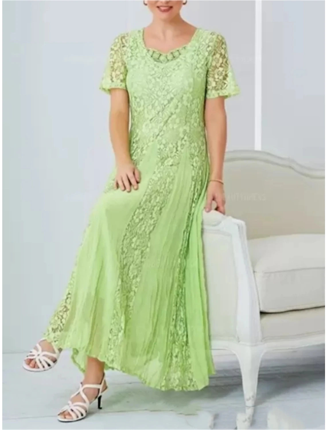 Sheath / Column Mother of the Bride Dress Wedding Guest Elegant Vintage Party Scoop Neck Ankle Length Lace Short Sleeve with Pleats Solid Color