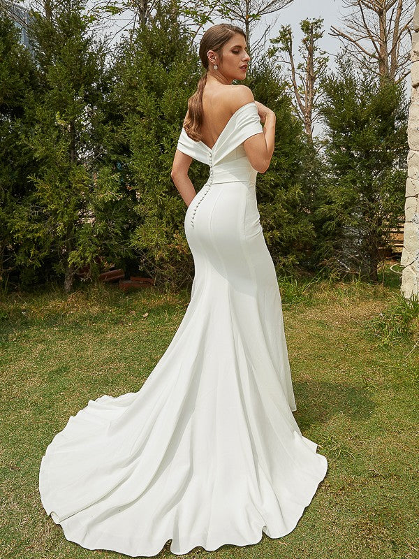 Sheath/Column Stretch Crepe Ruched Off-the-Shoulder Sleeveless Sweep/Brush Train Wedding Dresses