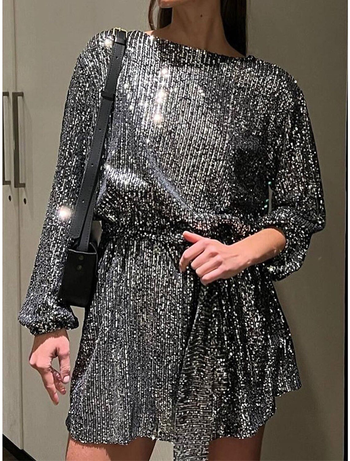 Women‘s Sequin Dress Party Dress Sparkly Dress Black Dress Homecoming Cocktail Dress Mini Dress Silver White Long Sleeve Sparkly Glitter Lace up Winter Dress