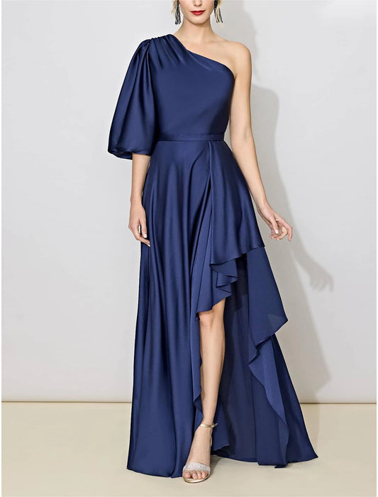 A-Line Bridesmaid Dress One Shoulder Half Sleeve Elegant Floor Length Satin with Ruching