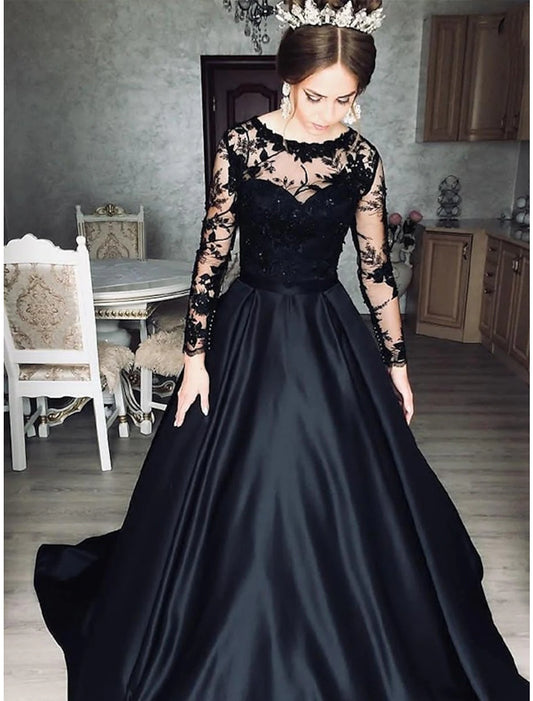 Ball Gown Evening Gown Princess Dress Prom Floor Length Long Sleeve Jewel Neck Wednesday Addams Family Satin with Appliques