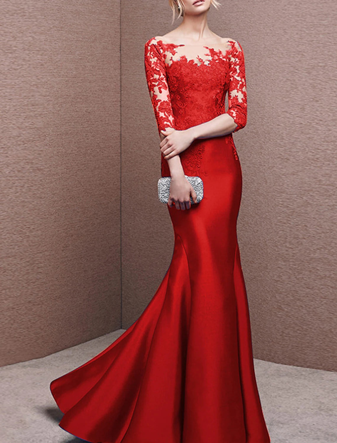 Mermaid Dress Evening Gown Elegant Christmas Red Green Dress Formal Wedding Guest Sweep / Brush Train 3/4 Length Sleeve Off Shoulder Satin with Buttons Pleats Appliques