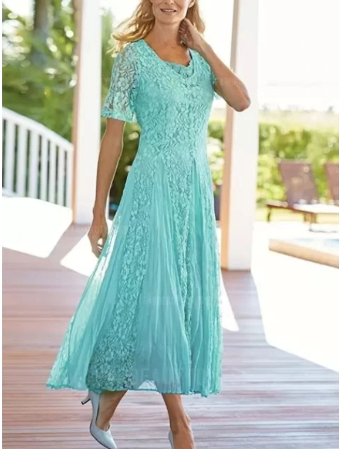 Sheath / Column Mother of the Bride Dress Wedding Guest Elegant Vintage Party Scoop Neck Ankle Length Lace Short Sleeve with Pleats Solid Color