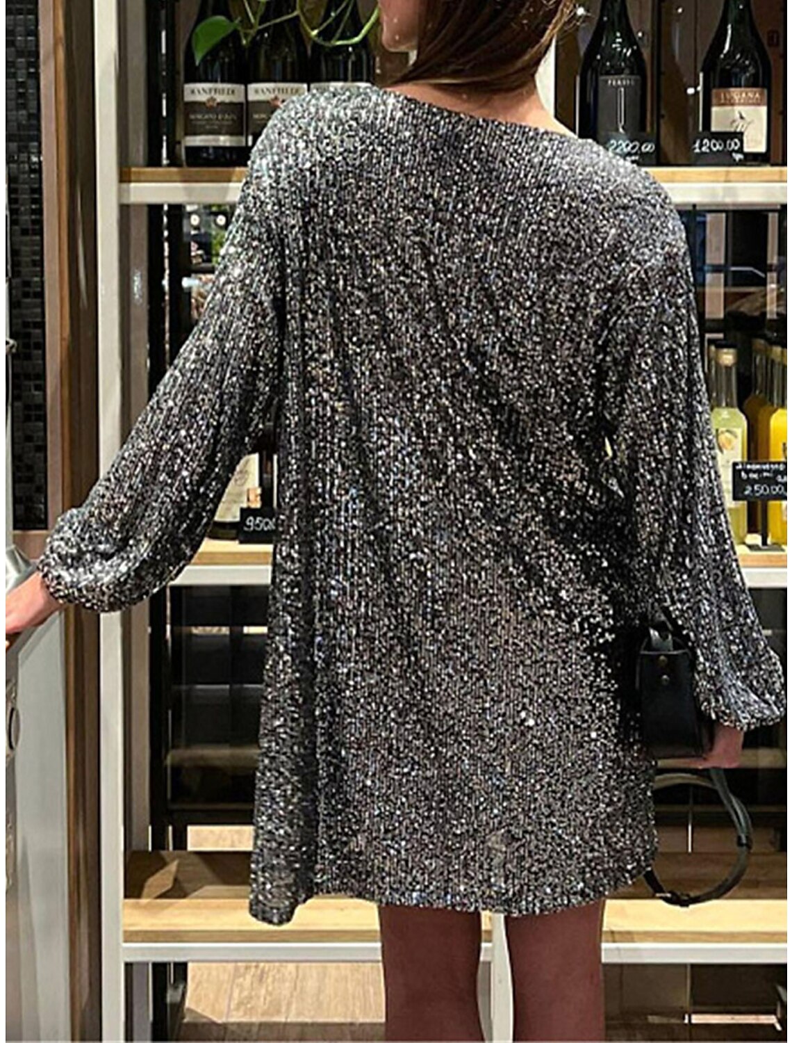 Women‘s Sequin Dress Party Dress Sparkly Dress Black Dress Homecoming Cocktail Dress Mini Dress Silver White Long Sleeve Sparkly Glitter Lace up Winter Dress