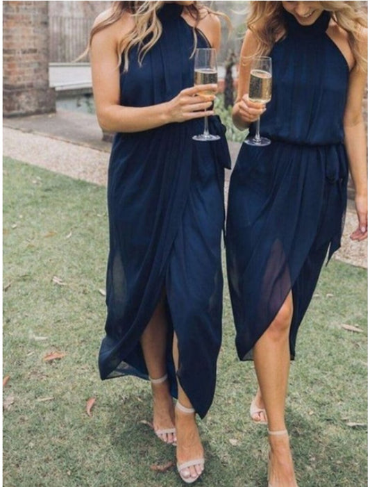 Sheath / Column Bridesmaid Dress Jewel Neck Sleeveless Blue Ankle Length Chiffon with Bow(s) / Split Front / Ruching