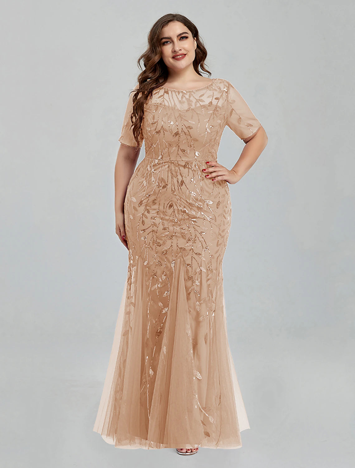 Mermaid / Trumpet Evening Gown Empire Dress Wedding Guest Formal Evening Floor Length Short Sleeve Jewel Neck Bridesmaid Dress Tulle with Embroidery