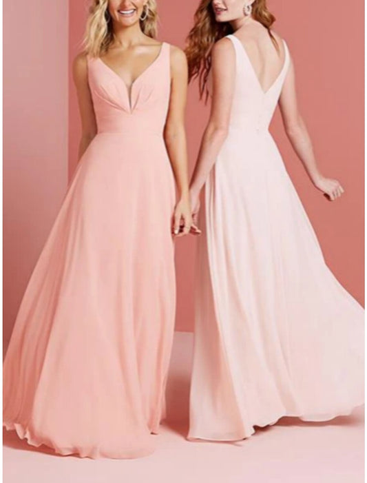 A-Line Bridesmaid Dress V Neck Sleeveless Elegant Floor Length Chiffon with Ruching