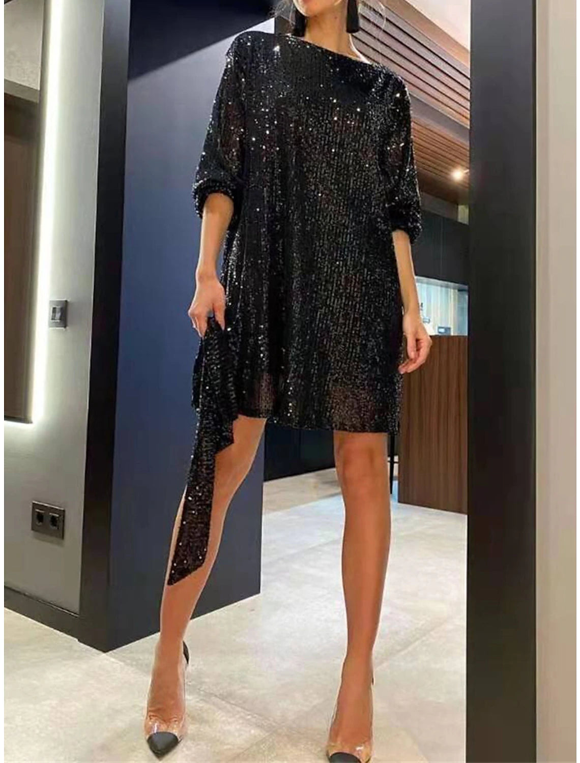 Women‘s Sequin Dress Party Dress Sparkly Dress Black Dress Homecoming Cocktail Dress Mini Dress Silver White Long Sleeve Sparkly Glitter Lace up Winter Dress
