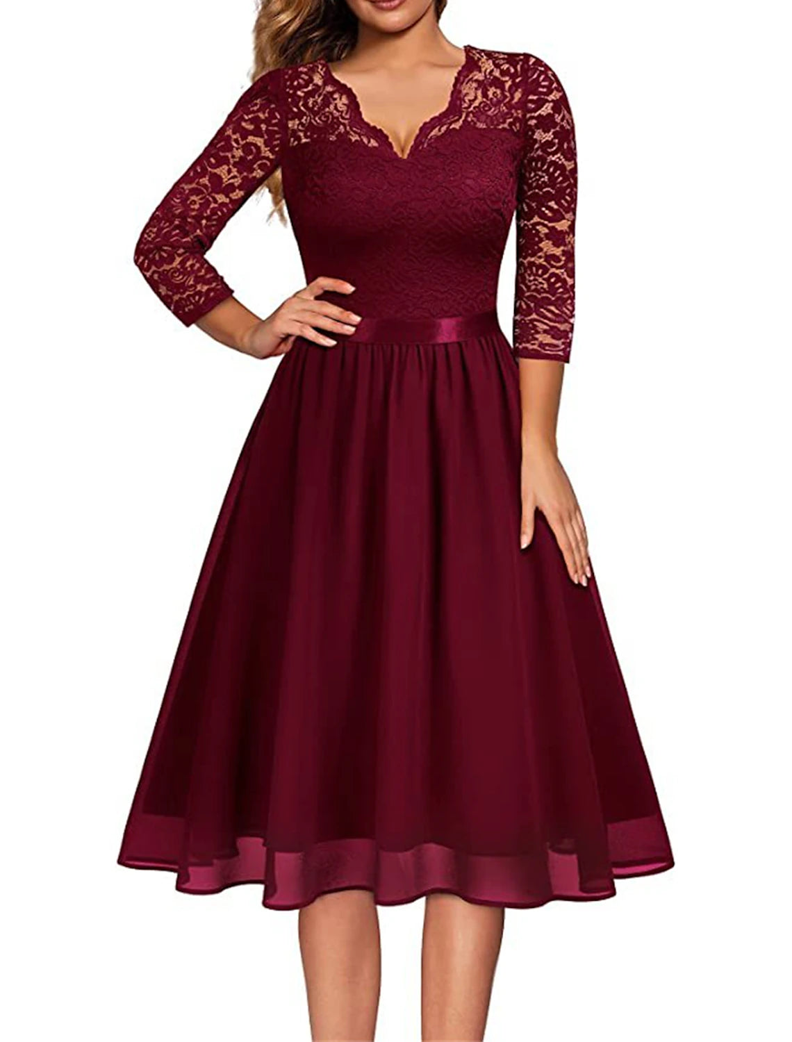 Women's Party Dress Lace Dress Homecoming Dress Midi Dress Black Wine Navy Blue Half Sleeve Pure Color Lace Spring Fall Winter V Neck Fashion Wedding Guest Birthday Vacation