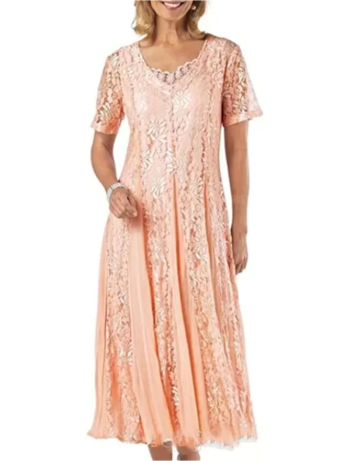 Sheath / Column Mother of the Bride Dress Wedding Guest Elegant Vintage Party Scoop Neck Ankle Length Lace Short Sleeve with Pleats Solid Color