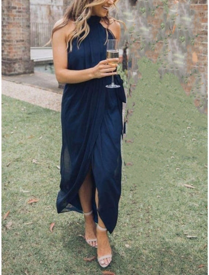 Sheath / Column Bridesmaid Dress Jewel Neck Sleeveless Blue Ankle Length Chiffon with Bow(s) / Split Front / Ruching