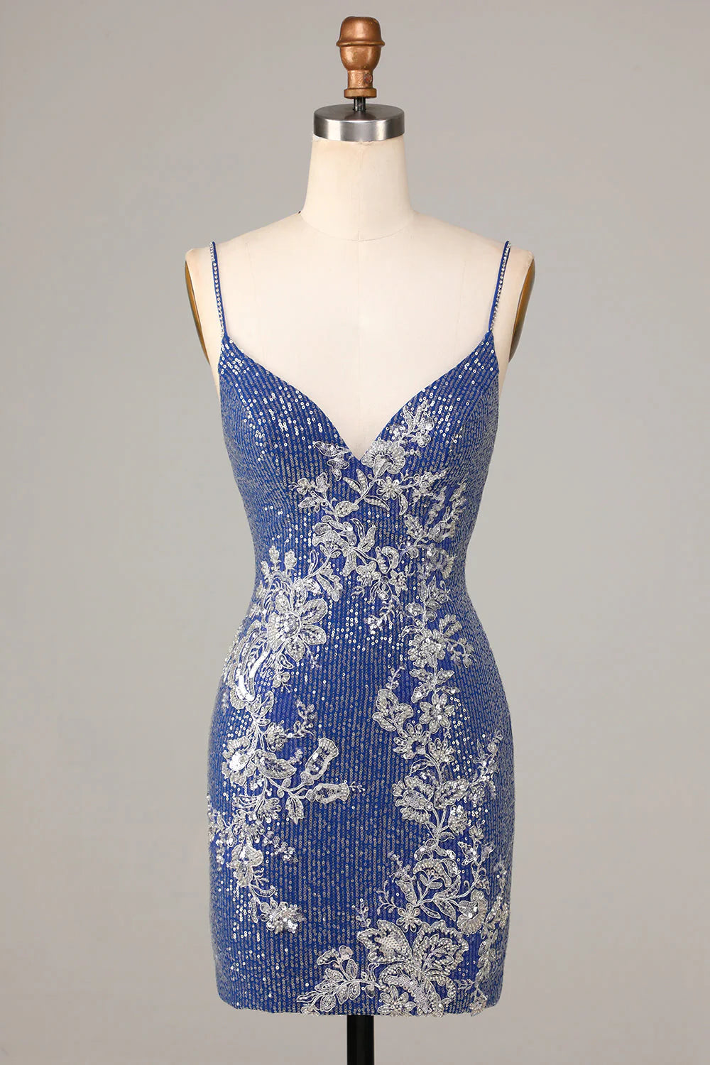 Amzcw Dark Blue Sparkly Sheath Spaghetti Straps Short Homecoming Dress with Sequins