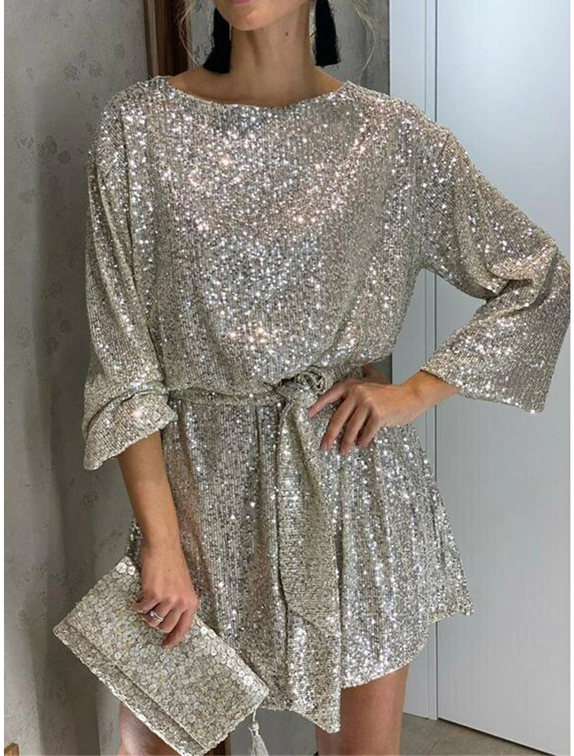 Women‘s Sequin Dress Party Dress Sparkly Dress Black Dress Homecoming Cocktail Dress Mini Dress Silver White Long Sleeve Sparkly Glitter Lace up Winter Dress