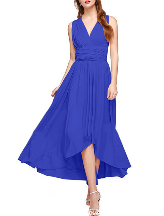 A-Line Bridesmaid Dress V Neck Sleeveless Convertible Infinity Asymmetrical Spandex with Pleats / Solid Color