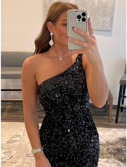 Mermaid / Trumpet Homecoming Dresses Black Dress Graduation Cocktail Party Short / Mini Sleeveless One Shoulder Sequined with Sequin